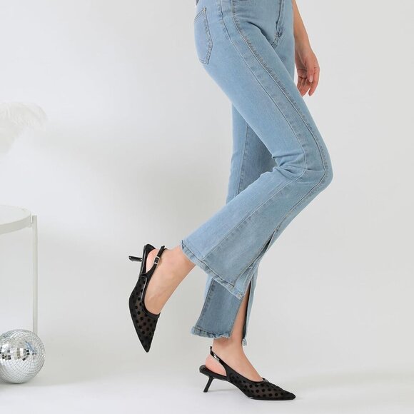 Women's Black Polka Pointed Toe Pumps Patent Leather Slingback Heels With Buckle - Picture 3 of 9